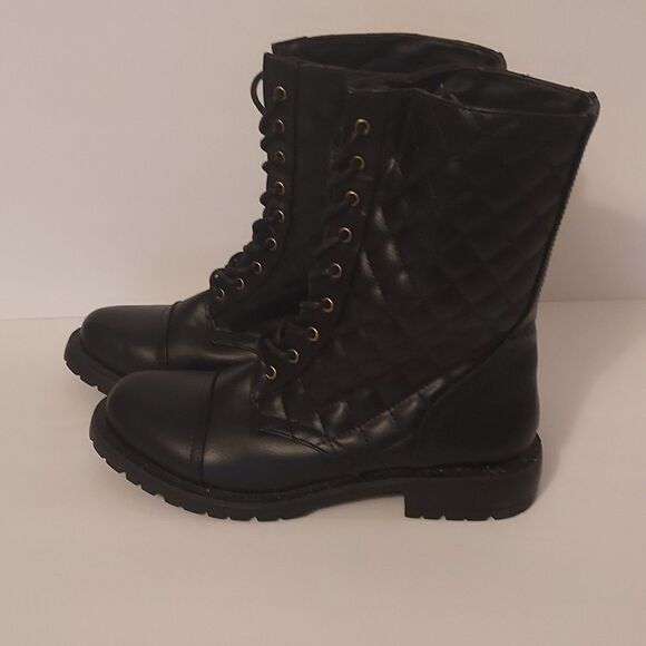 Combat Boots Motorcycle Boots Black Quilted Lace-Up  Size 7 Lug Sole - Picture 4 of 11
